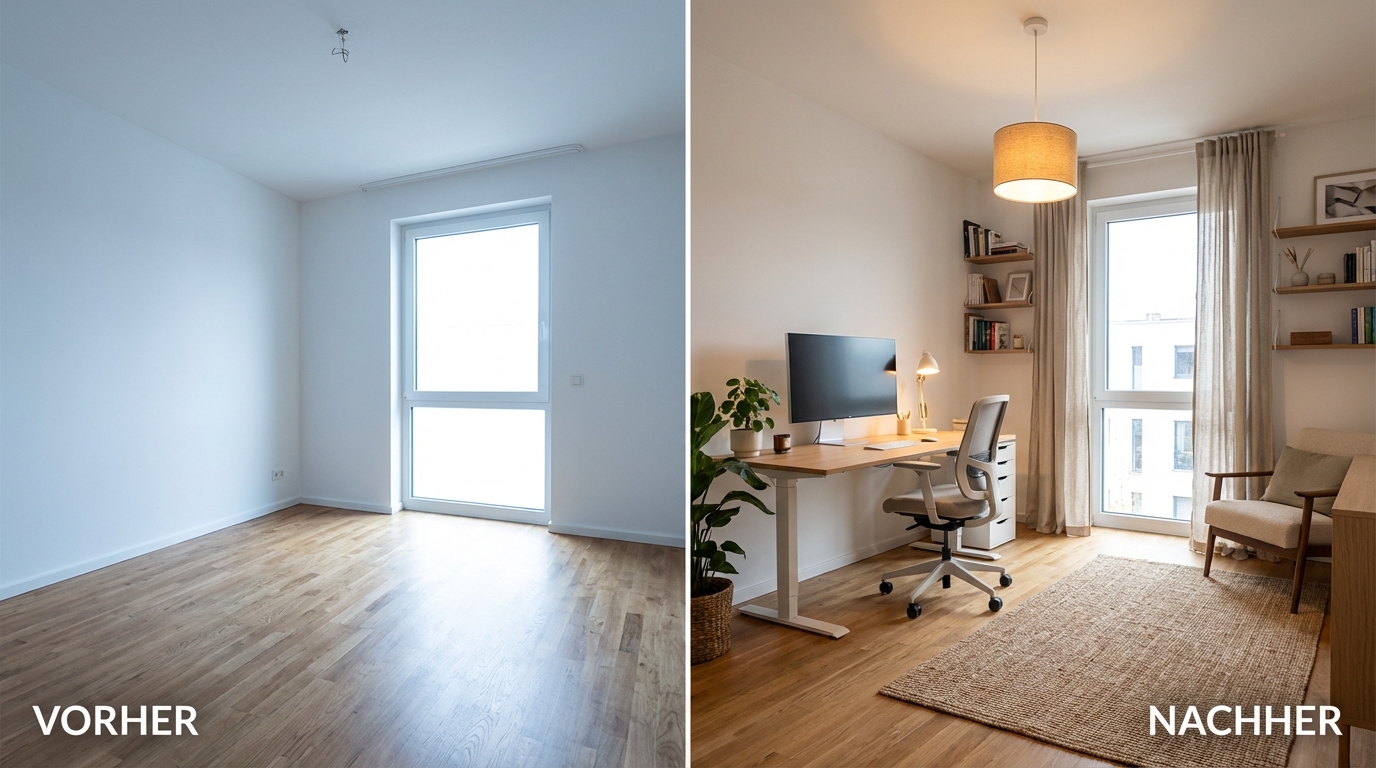 Home Staging Homeoffice vorher nachher – virtuelles Staging Beispiel