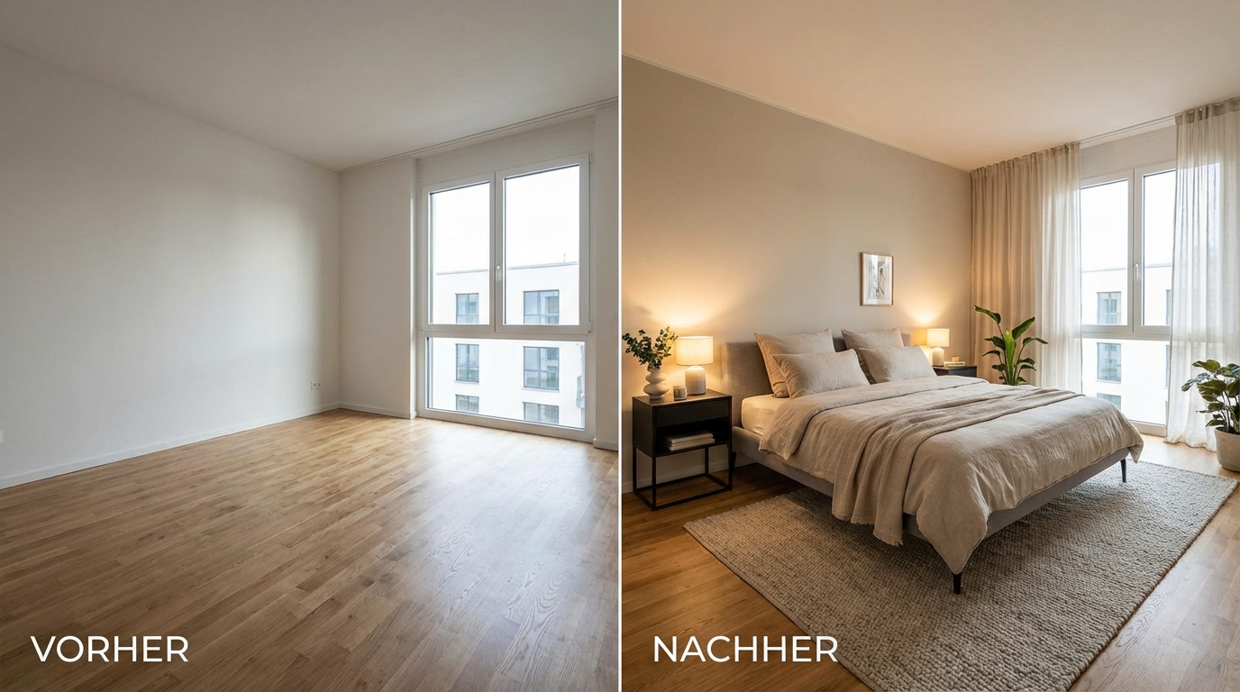 Home Staging Schlafzimmer vorher nachher – virtuelles Staging