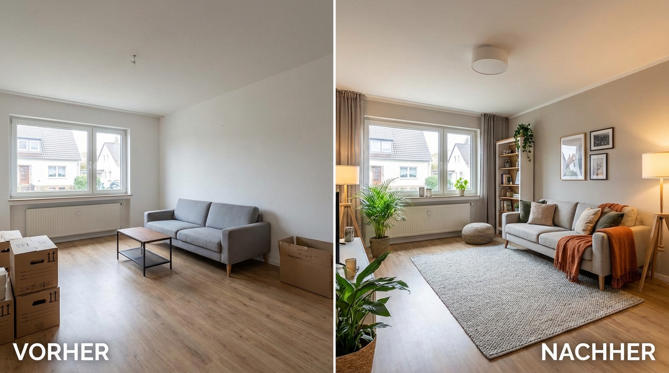 Home Staging Wohnzimmer vorher nachher – virtuelles Home Staging Beispiel
